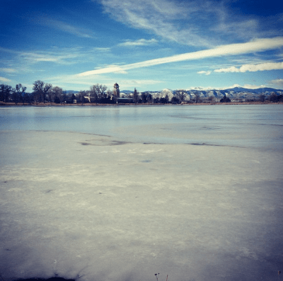 Running in a tank top around an iced-over lake in my awesome neighborhood.