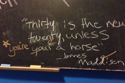 Just another night of editing restroom chalkboards. *Happy hour with the communications department. We can't help ourselves.