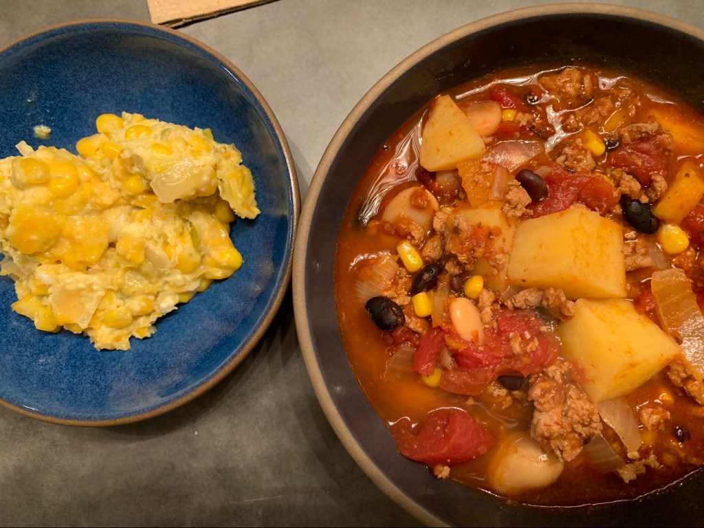 this week in our kitchen: harvest chipotle chili + southwest corn&nbsp;pudding
