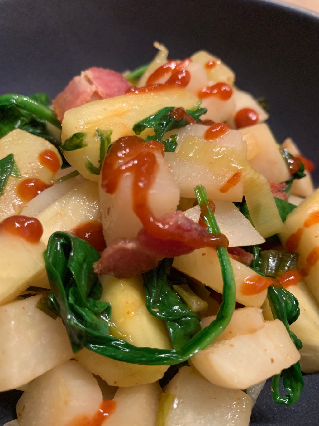 this week in our kitchen: stir-fried turnips with bacon, pineapple and&nbsp;greens